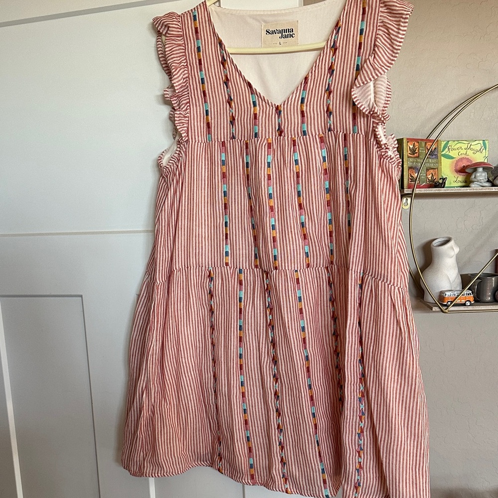 Savanna Jane Red and White Striped Dress with Embroidery